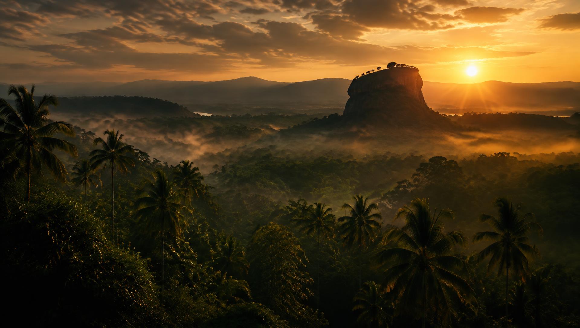 Misty Sri Lankan jungle at sunset with an ancient rock rising above the canopy