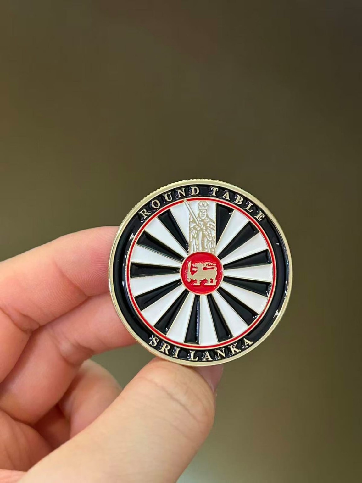 A hand holding a circular Round Table Sri Lanka pin with a red lion emblem
